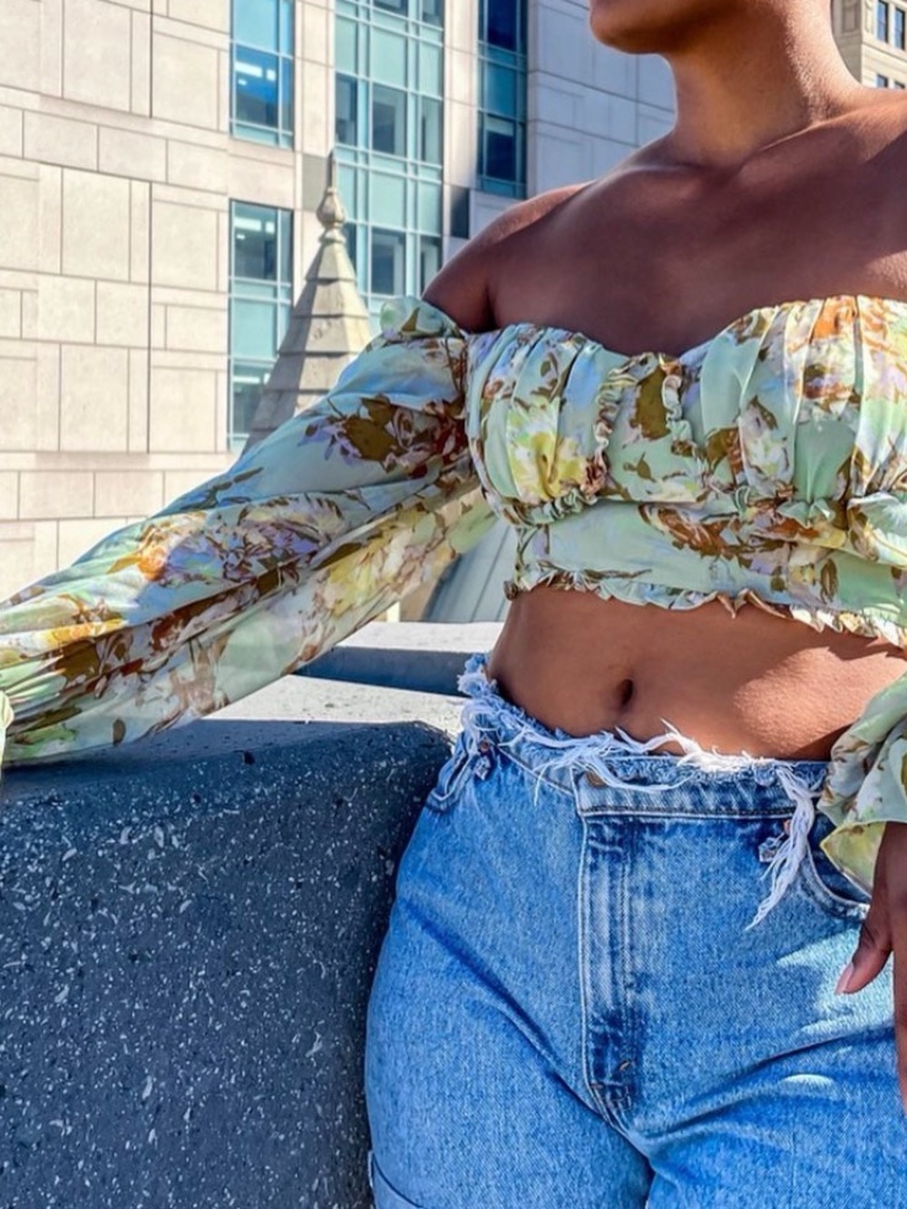 privy Sage Floral Off-Shoulder Crop Top